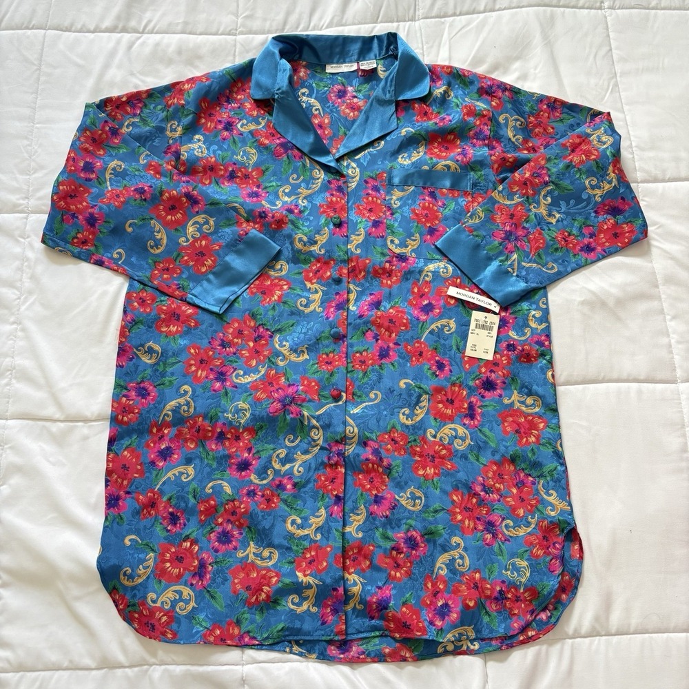 NWT Vintage Satin Nightgown Womens M Sleep Shirt Blue Red Floral 80s 90s Dainty